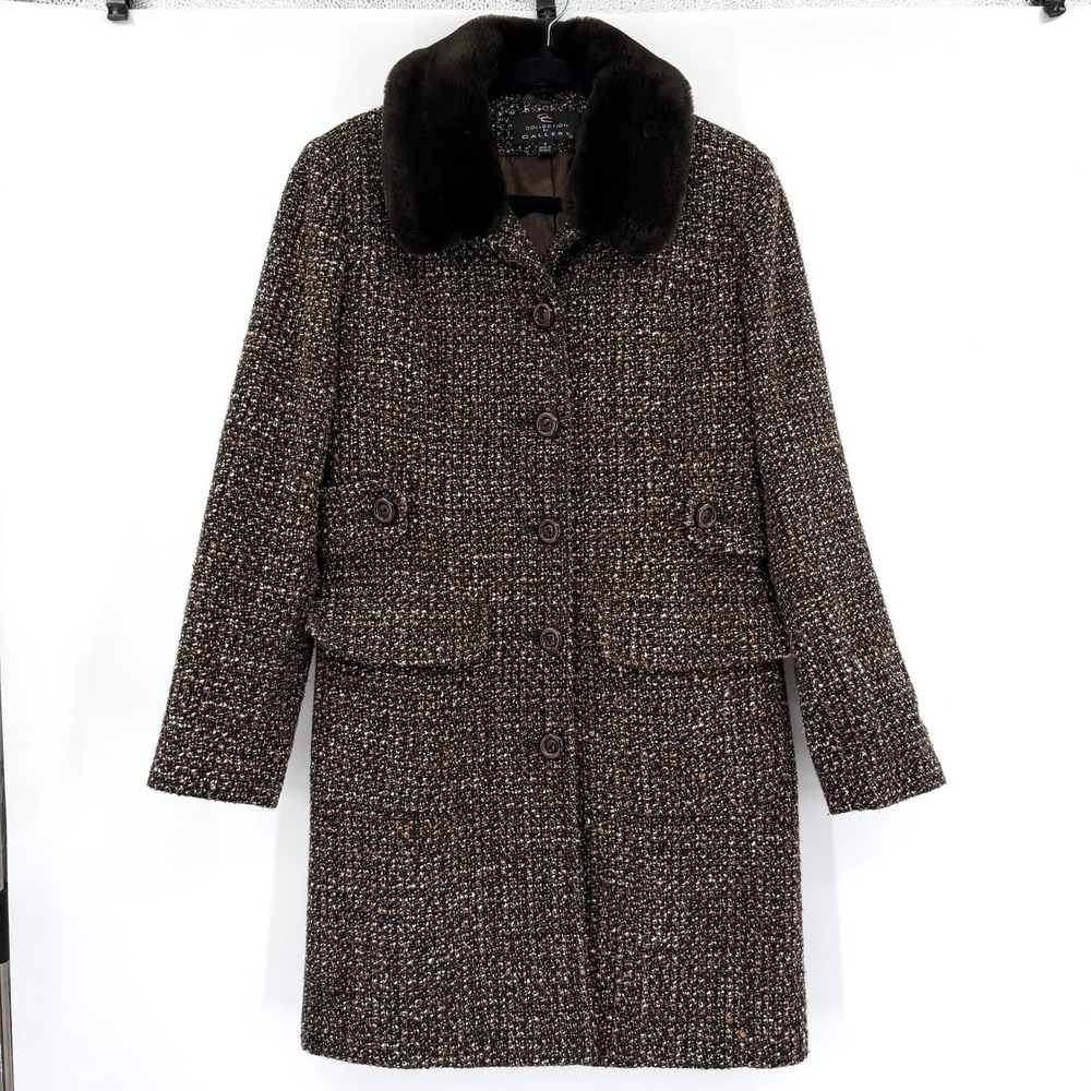 Collection by Gallery Brown Wool Blend Tweed Faux Fur Collar Peacoat 6